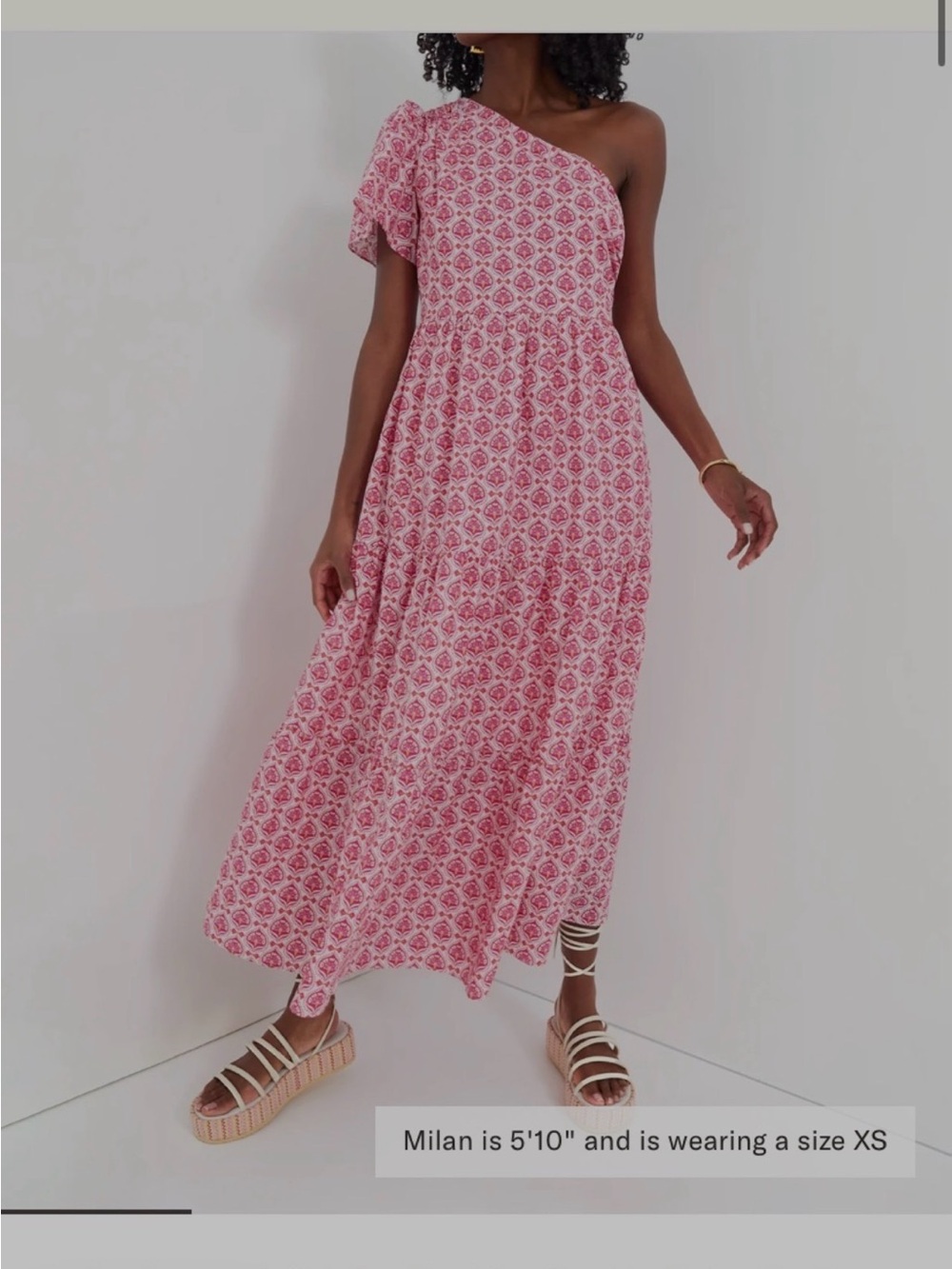Hyacinth House: One-Shoulder Pink Printed Maxi Dress with Ruffle Sleeve